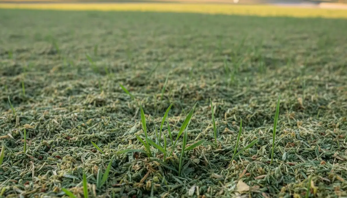 Hydroseeded lawn with sprouting grass seedlings in San Antonio, TX showing early germination progress