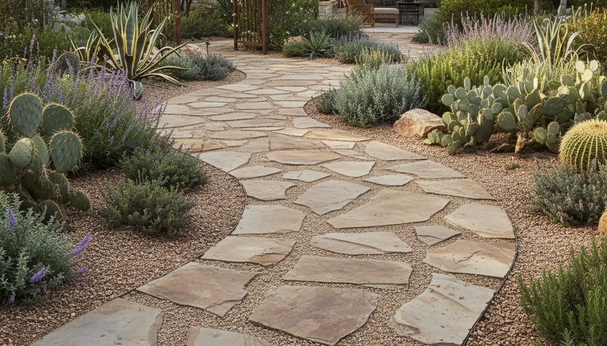 Curved stone paver walkway through landscaped yard in San Antonio TX by Chop Chop Landscaping