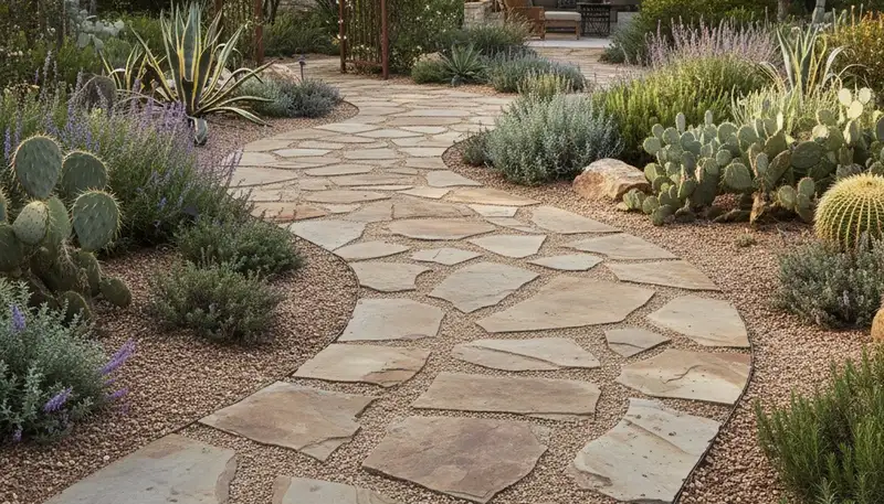 Curved stone paver walkway through landscaped yard in San Antonio TX by Chop Chop Landscaping