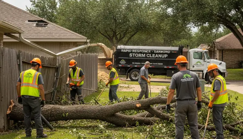 Storm damage debris cleanup and fallen branch removal by Chop Chop Landscaping in San Antonio, TX