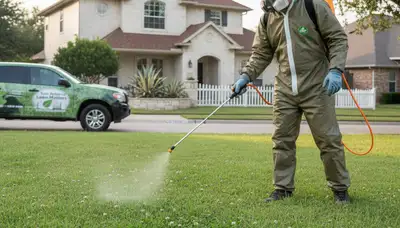 Lawn care technician applying targeted weed control in healthy turf, San Antonio, TX landscaping service
