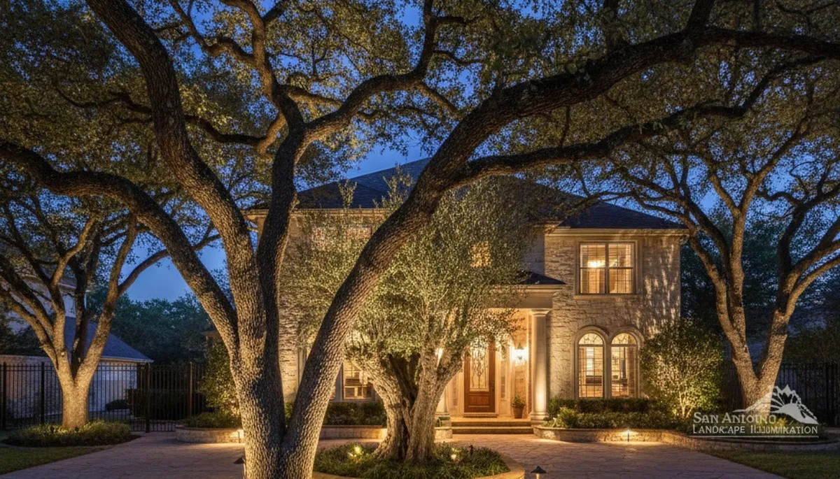 Mature trees with professional uplighting creating dramatic evening landscape lighting in San Antonio, TX