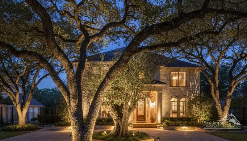 Mature trees with professional uplighting creating dramatic evening landscape lighting in San Antonio, TX